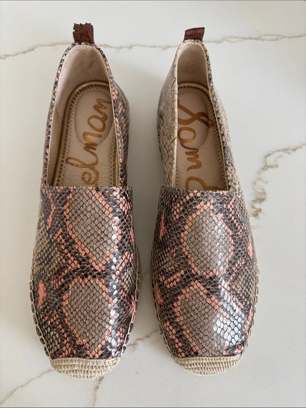 Sam Edelman Taupe and Pink Snake-Print Espadrille Slip-Ons